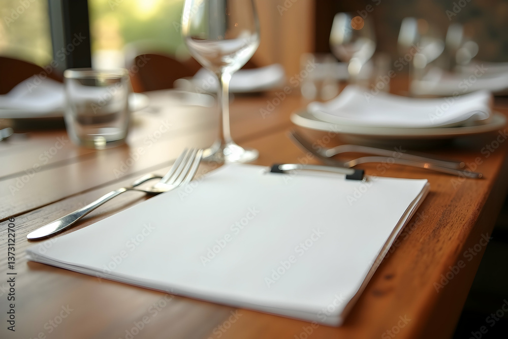 Elegant Dining Scene, Close-Up of Table Setting with Blank Menu, Silverware, and Glassware in a Refined Restaurant Atmosphere