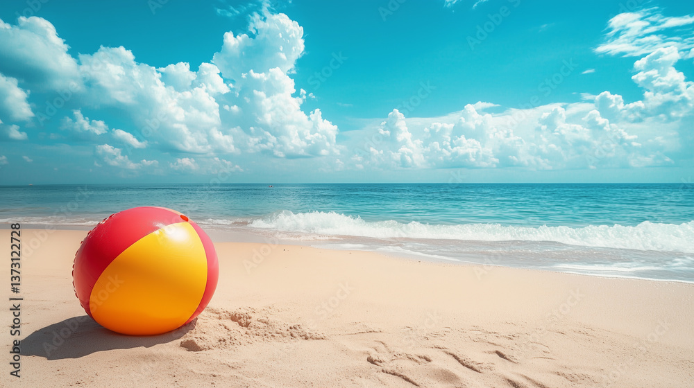 Obraz premium View on tropical beach with an inflatable beach ball, summertime vibes. Tropical travel destination, mockup for poster, advertisement. Travel industry background. Summer beach.
