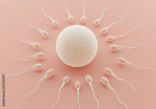Sperm fertilizing egg cell showing reproduction process with many spermatozoa around ovum on pink background. Fertilization process in human body with sperm cells trying to reach egg