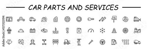 Set vector line icons with open path car service, auto repair and transport with elements for mobile concepts and web apps. Collection modern infographic logo and pictogram.