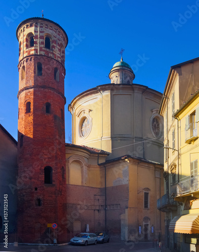 View of Asti medieval Red Tower and Church of St. Catherine, Piedmont, Italy