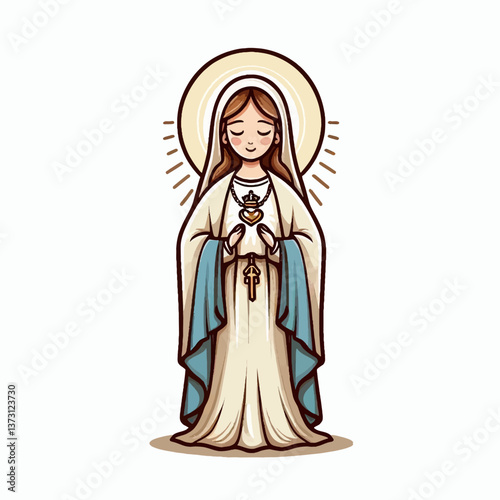 Ilustración de la Virgen María en estilo caricatura, ícono vectorial en formato EPS10 sobre fondo blanco, perfecta para diseños religiosos o proyectos espirituales con un aspecto simple y expresivo