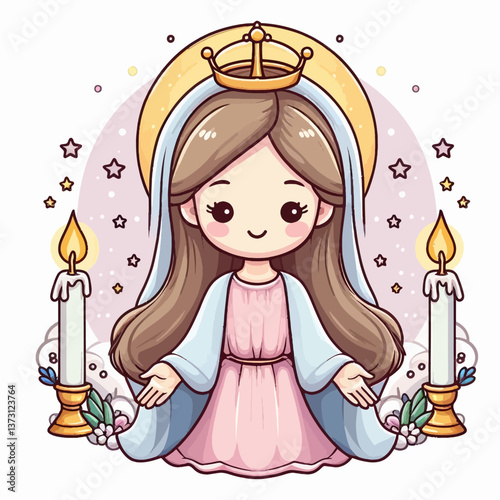 Virgin Mary illustration in cartoon style, vector icon in EPS10 format on a white background, perfect for religious designs or spiritual projects with a simple and expressive look.