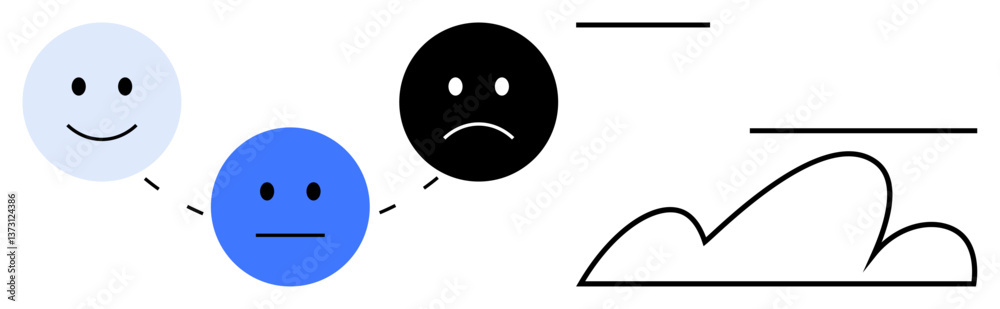 Three face emoticons connected in an emotional progression from happy to sad. Abstract cloud and lines suggest transition, reflection, or mental states. Ideal for emotions, mood, mental health Three face emoticons connected in an emotional progression from happy to sad. Abstract cloud and lines suggest transition, reflection, or mental states. Ideal for emotions, mood, mental health
