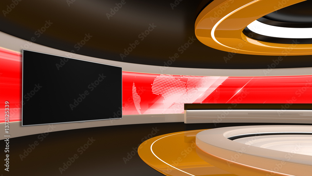 Tv Studio. Backdrop for TV shows .TV on wall. News studio. The perfect backdrop for any green screen or chroma key video or photo production. 3D rendering.