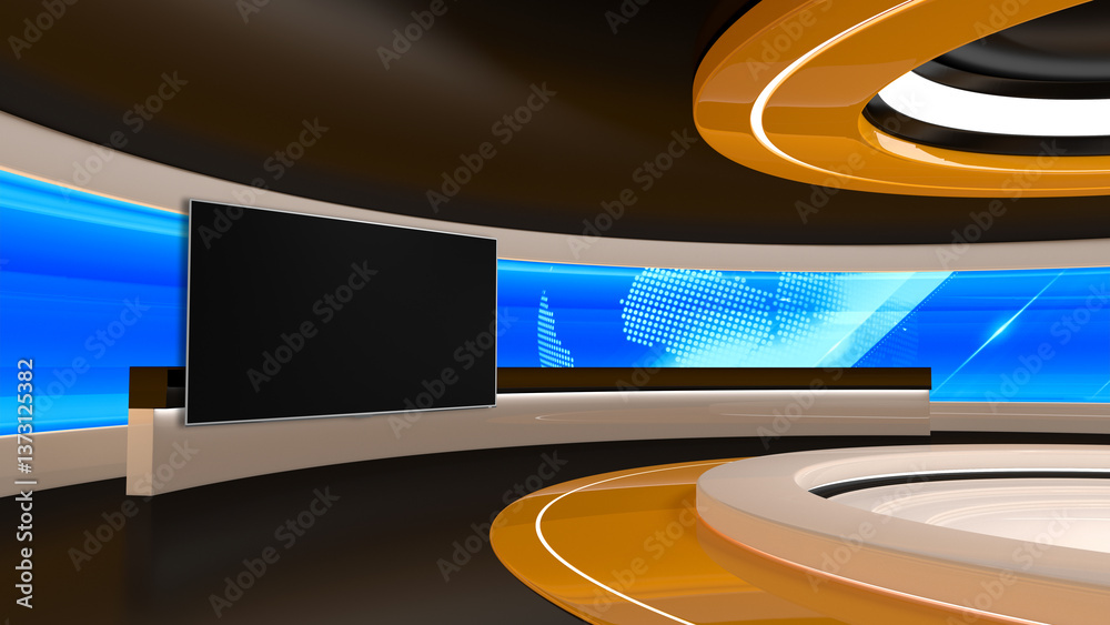 Tv Studio. Backdrop for TV shows .TV on wall. News studio. The perfect backdrop for any green screen or chroma key video or photo production. 3D rendering.