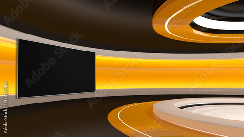 Obraz na płótnie Tv Studio. Backdrop for TV shows .TV on wall. News studio. The perfect backdrop for any green screen or chroma key video or photo production. 3D rendering.
w salonie
