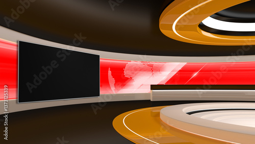 Obraz na płótnie Tv Studio. Backdrop for TV shows .TV on wall. News studio. The perfect backdrop for any green screen or chroma key video or photo production. 3D rendering.
w salonie