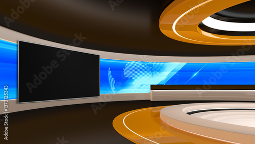 Tv Studio. Backdrop for TV shows .TV on wall. News studio. The perfect backdrop for any green screen or chroma key video or photo production. 3D rendering.
