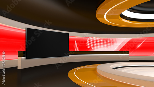 Obraz na płótnie Tv Studio. Backdrop for TV shows .TV on wall. News studio. The perfect backdrop for any green screen or chroma key video or photo production. 3D rendering.
w salonie