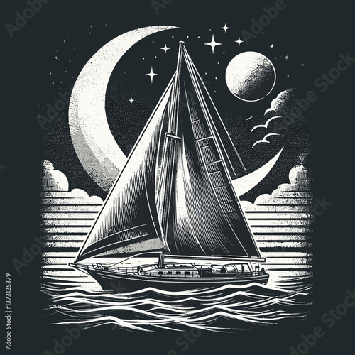 Velero vintage para camiseta o póster, ilustración monocromática de decoración clásica de velero con textura grunge en formato EPS10, ideal para estilo retro y temas náuticos.