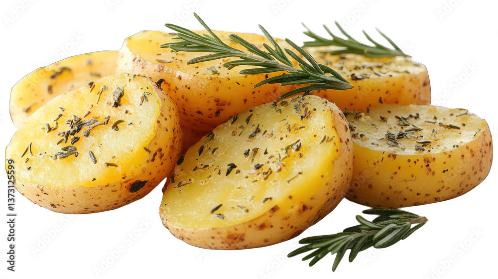 Sliced baked potato topped with rosemary on a white background Sliced baked potato topped with rosemary on a white background