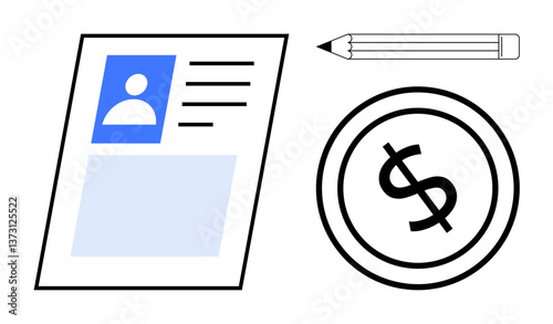 Resume with photo and details, pencil for editing, dollar coin for financial or salary focus. Ideal for career growth, job search, financial planning, hiring, recruitment, salary negotiation flat