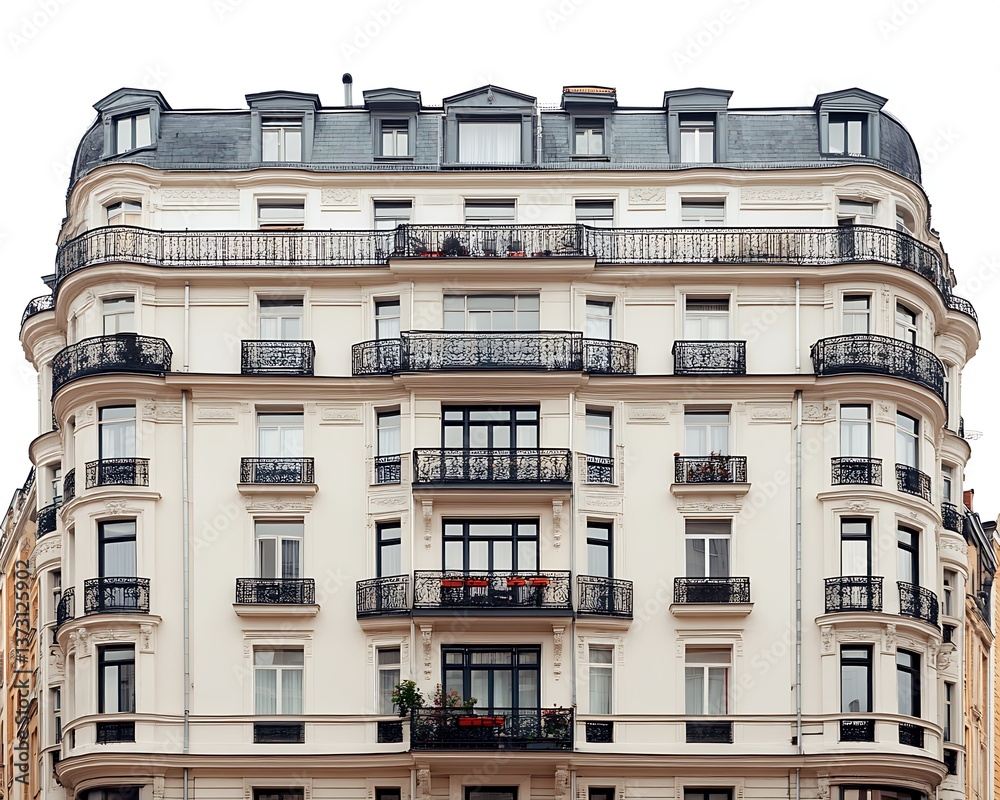 Fototapeta premium An ornate european building exterior with balconies and many windows