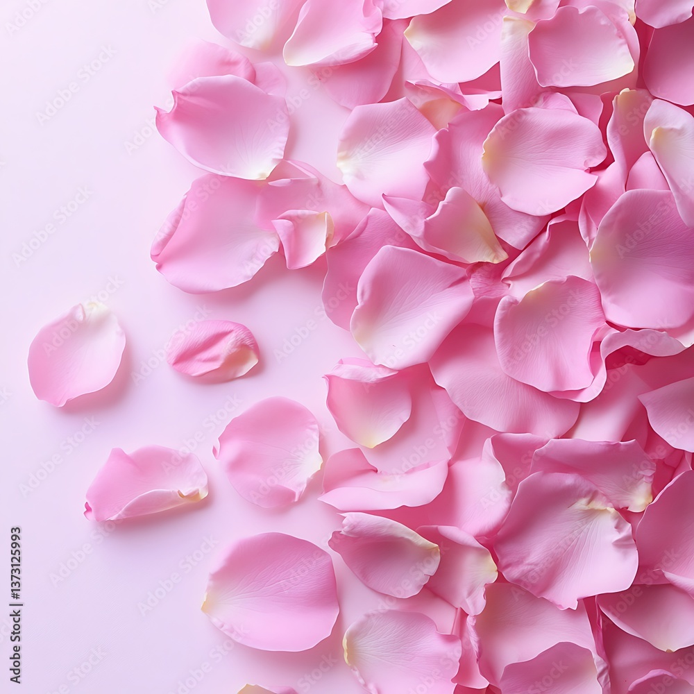 Fototapeta premium Beautiful pink rose petals scattered on soft blush background image