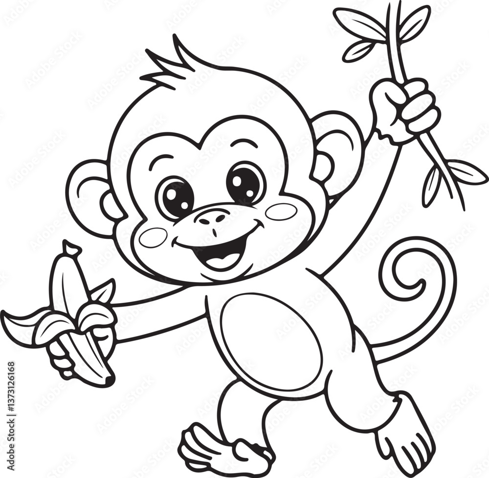 Obraz premium Cute Black and White line art style monkey holding a banana and branch, perfect for coloring. 