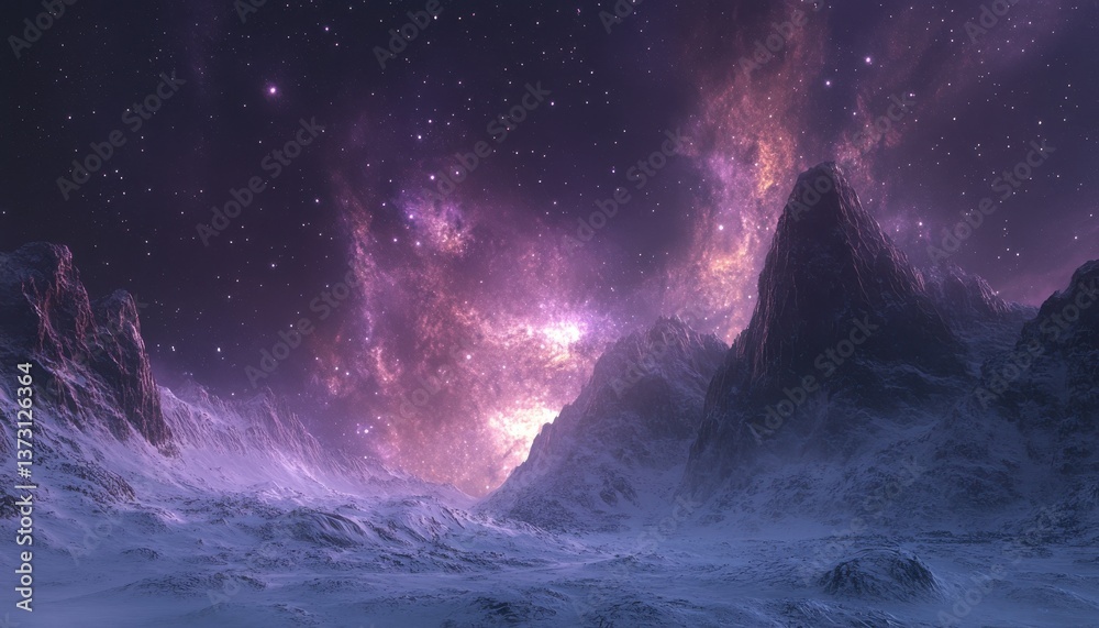 Fototapeta premium Majestic Starry Sky Above a Vast Frozen Alien Mountain Landscape