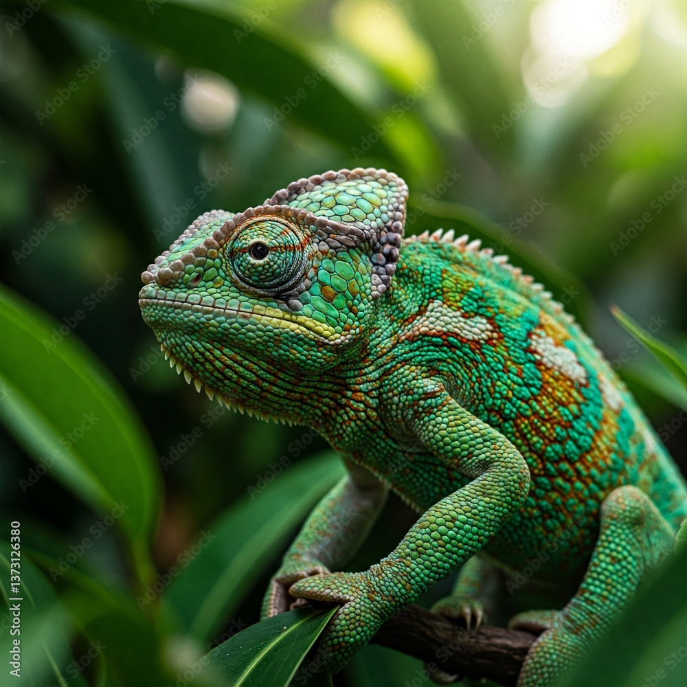 Fototapeta premium A close-up of a chameleon with vivid colors blending into a leafy background