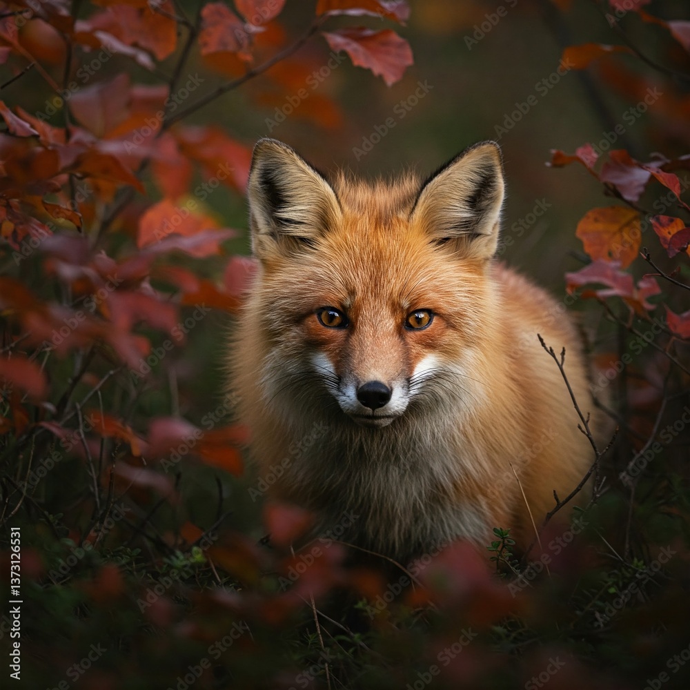 A hyper-realistic image of a red fox peeking out from dense autumn foliage A hyper-realistic image of a red fox peeking out from dense autumn foliage