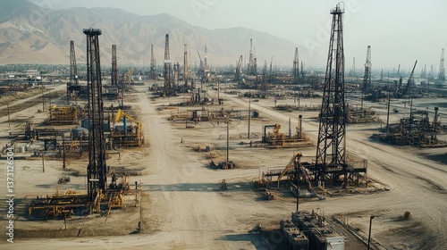 Vast Industrial Oil Field Overview with Towering Drilling Rigs and Machinery Under Clear Sky in Desert Landscape, Highlighting Biodiversity and Resource Extraction photo