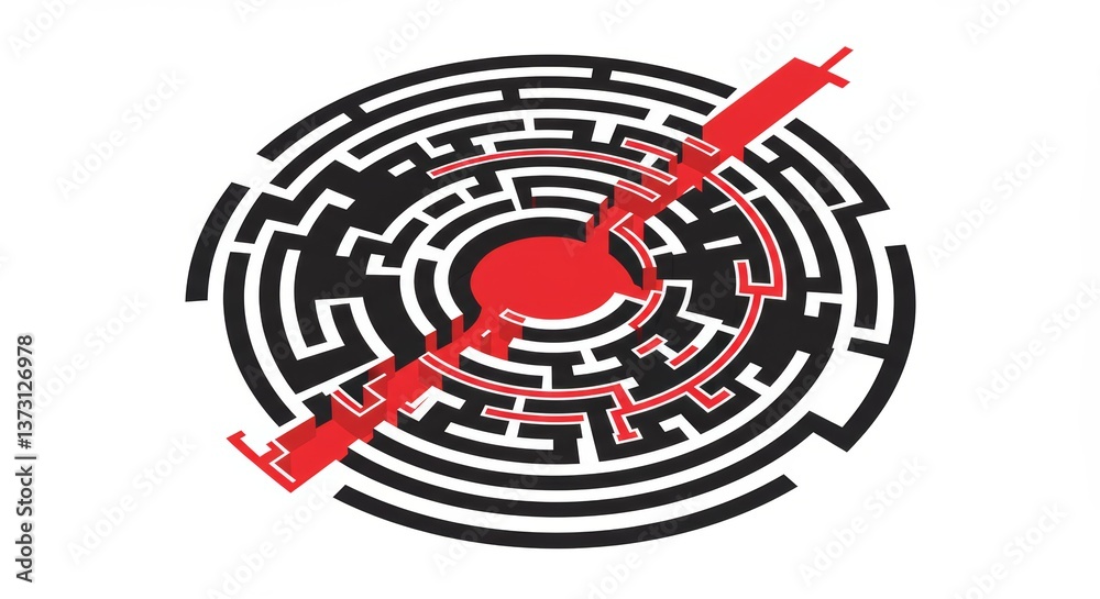 Stylized circular maze design with contrasting black and red elements conveying a sense of challenge and complexity representing progress