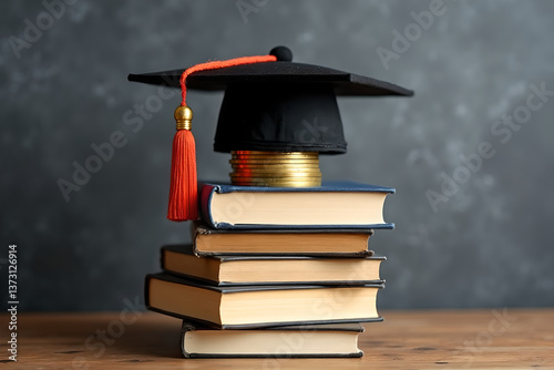 Graduation Cap on Saving Coins: Finance and Education Scholarships Concept
 photo