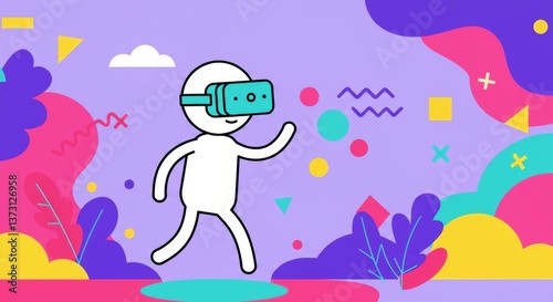 Cartoon character wearing virtual reality headset joyfully exploring a colorful digital environment with playful shapes and vibrant colors