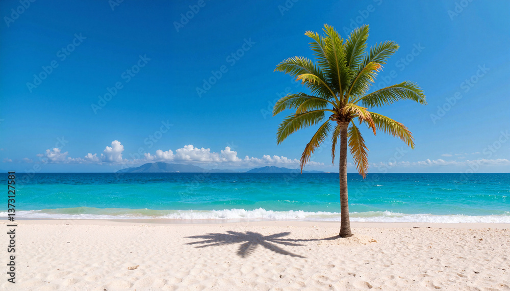 Isolated palm tree casting shadow on exotic beach, tropical serenity