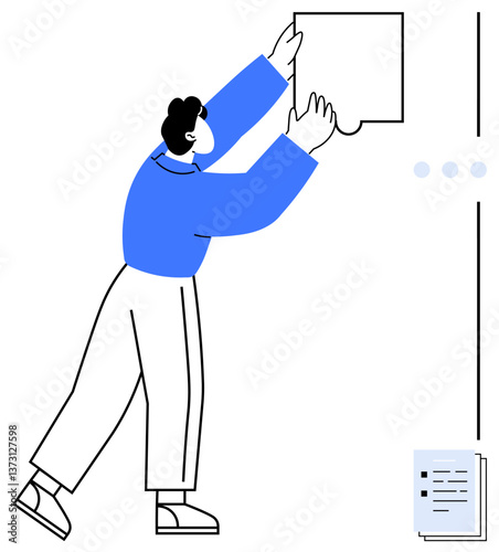 Individual placing puzzle element into a vertical layout with documents nearby. Ideal for teamwork, problem-solving, organization, strategy, planning, collaboration, innovation. Flat simple metaphor