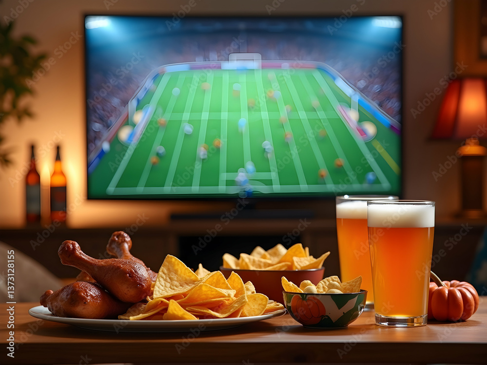 Fototapeta premium Excitement on Game Day, Festive Thanksgiving Feast Paired with Thrilling Football Action Viewed on Television in a Cozy, Relaxing Living Room Setting