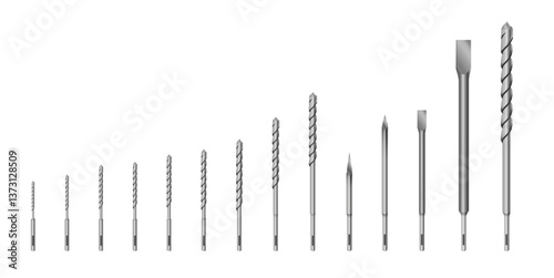 Drill for rock-drill Realistic 3d Detailed Metallic Drill for rock-drill or perforator Bits Set Tools for Construction Work, Drilling Hole. Vector