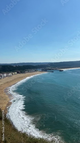 Panorama of the ocean coast. General plan of the ocean coast from above. Beach on the ocean from above. Big waves on the ocean beach
