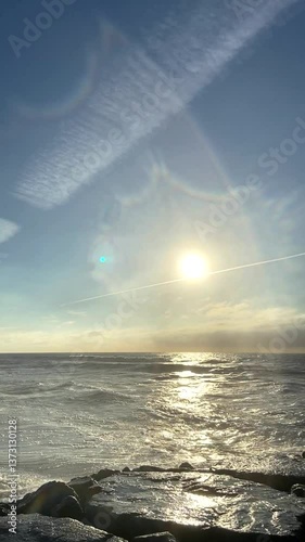 Big waves against a beautiful sky. Beautiful waves on the Portuguese coast. Ocean landscape.