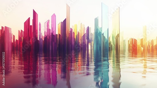 Vibrant Futuristic Cityscape with Reflective Glass Towers Emerging from Calm Water Surrounded by Soft Sunrise Light Creating a Dreamlike Atmosphere
