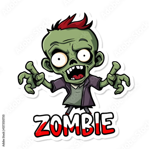 Logotipo de pegatina de zombi en estilo caricatura, creado en formato EPS10, perfecto para diseños divertidos y espeluznantes relacionados con temas de terror o cultura pop.