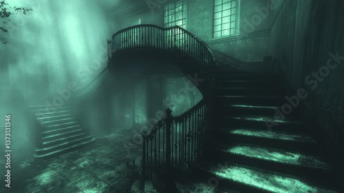 Enigmatic Mansion  A Mysterious Staircase Shrouded in Fog