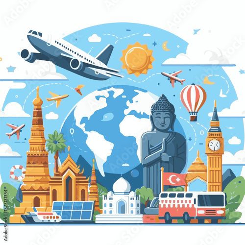 tourism, travel, day, concept, vacation, design, world, holiday, tourist, tour, trip, background, journey, banner, symbol, poster, vector, graphic, illustration, tower, city, style, architecture, worl