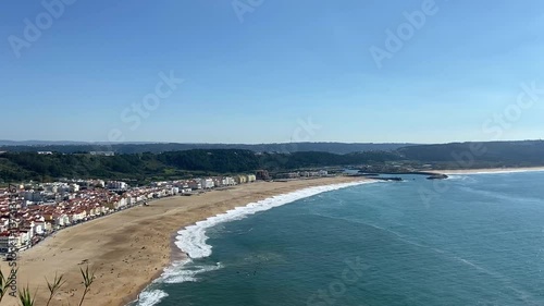 Beach on the ocean from above. Big waves on the ocean beach. Panorama of the ocean coast. General plan of the ocean coast from above.