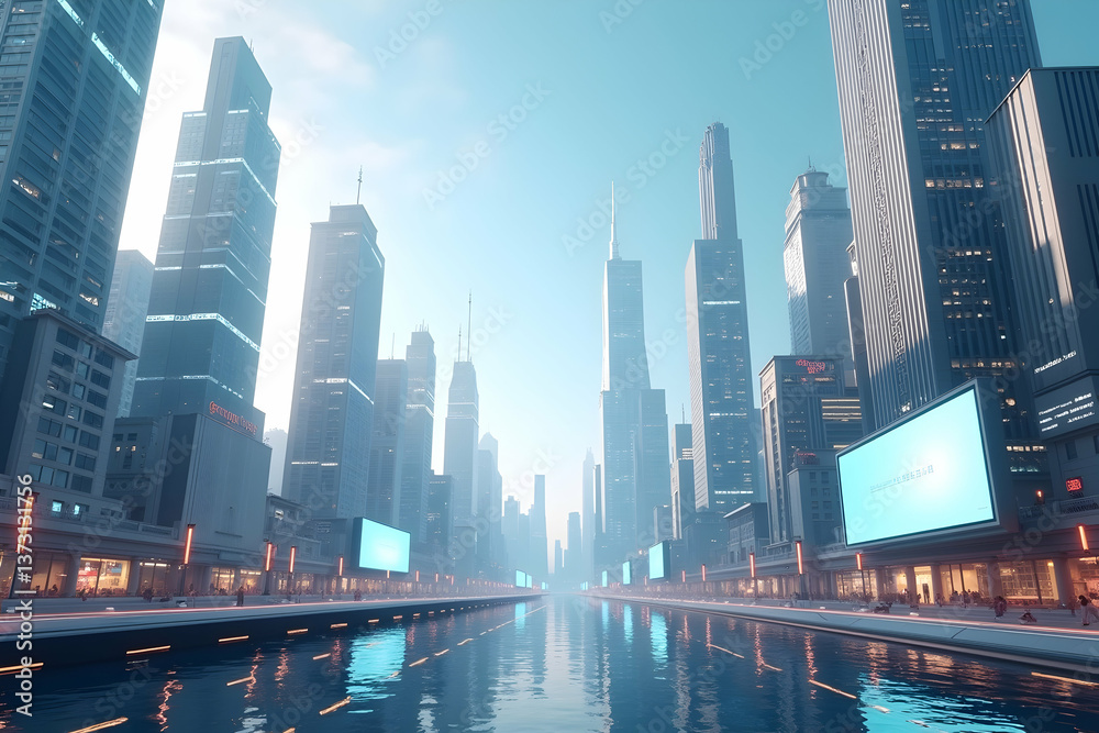 Fototapeta premium Futuristic Cityscape with Blank Mockups Reflecting in Water, A Modern Urban Environment Ideal for Advertising and Design Presentations