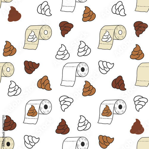 Playful seamless pattern featuring cartoon poop icons and toilet paper rolls on a black background. Fun and humorous design ideal for novelty prints, gag gifts, and kids' products