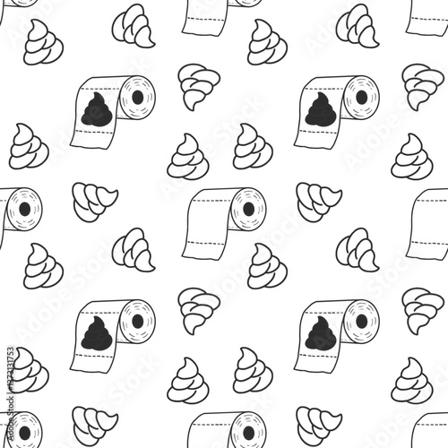 Seamless pattern of poop icons and toilet paper rolls in thin line art style on a black background. Ideal for humorous designs, novelty textiles, and playful bathroom-themed products.
