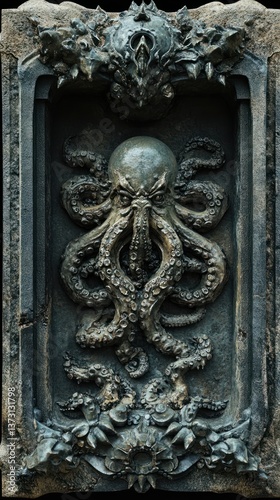 A detailed sculpted bas relief depicting an ominous sea creature