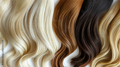Different shades of hair extensions displayed on a flat surface during daylight hours