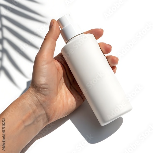 A hand holding a white bottle with a white cap against a white background with leaf shadows casting