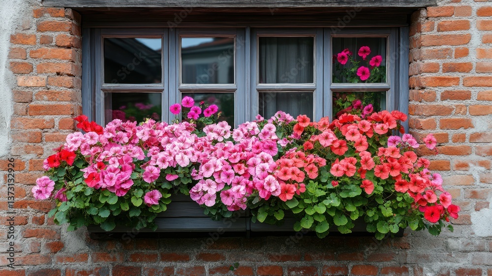 Ornate window box bursting with vibrant flowers Ornate window box bursting with vibrant flowers