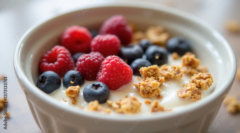 Refreshing healthy breakfast bowl with berries and granola in kitchen Refreshing healthy breakfast bowl with berries and granola in kitchen