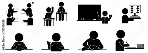 教育と学習の様々なシーンを表すピクトグラムセット