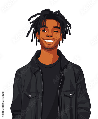 Cheerful young African-American man smiling with short hair wearing a black jacket and enjoying a moment of happiness
