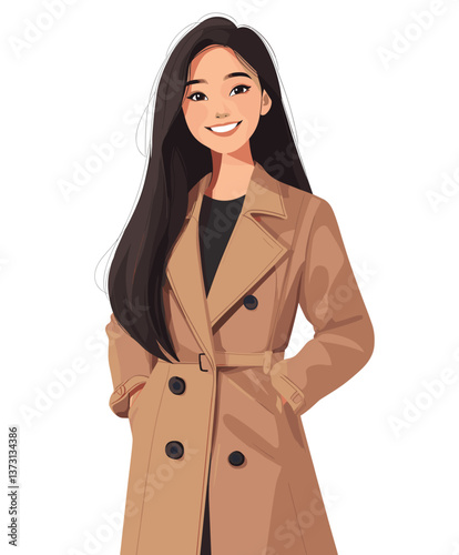 Cheerful young Asian woman in a stylish coat enjoying her day in a cozy urban setting