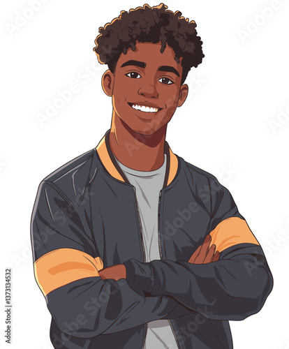 Relaxed young African-American man smiling confidently in casual attire with crossed arms